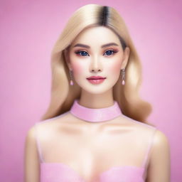 A blonde Asian woman with features similar to Barbie, wearing a see-through blouse