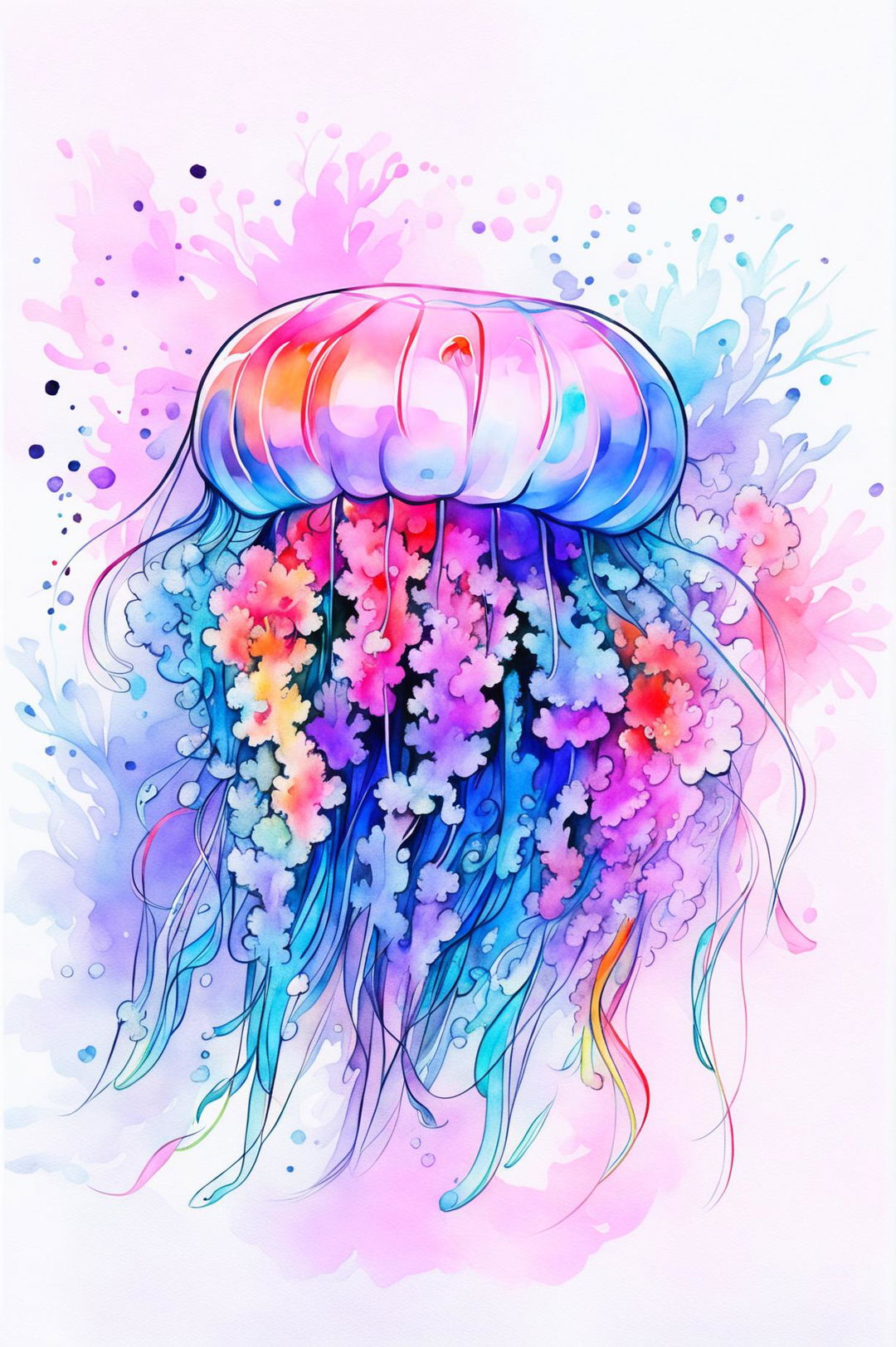 A beautiful watercolour painting of a box jellyfish in an underwater ocean scene with detailed coral reefs