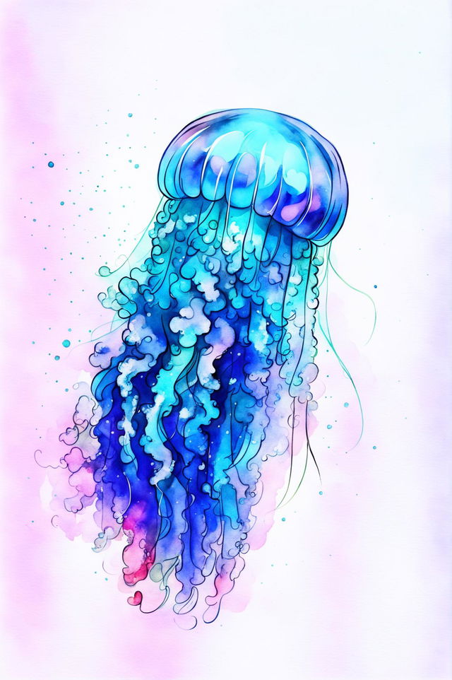 A beautiful watercolour painting of a small jellyfish in the deep ocean with deep blues and purples