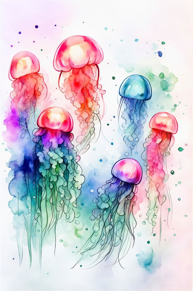 A beautiful watercolour painting of small jellyfish in an underwater scene with soft blues, greens, and purples