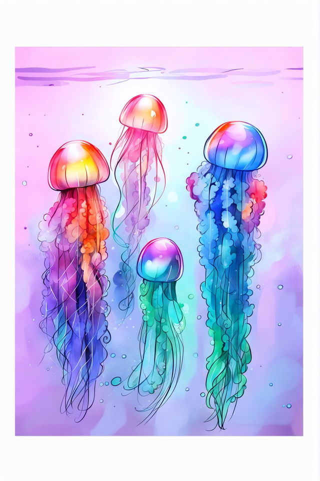 A beautiful watercolour painting of small jellyfish in a tank with soft blues, greens, and purples