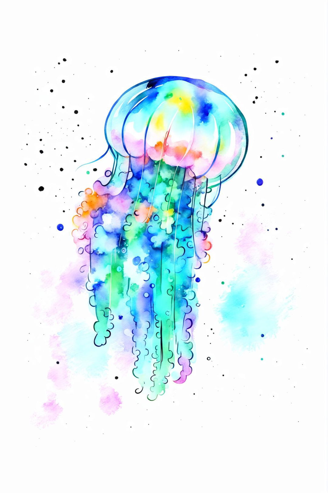 A beautiful watercolour painting of a small jellyfish surrounded by bubbles with soft blues, greens, and purples