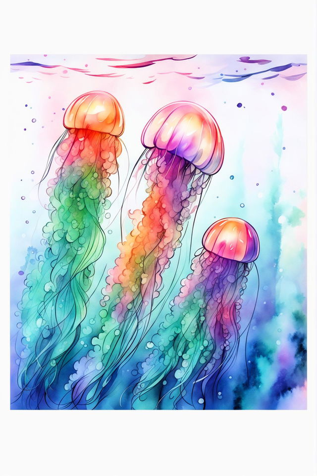 A beautiful watercolour painting of small jellyfish in the ocean with soft blues, greens, and purples