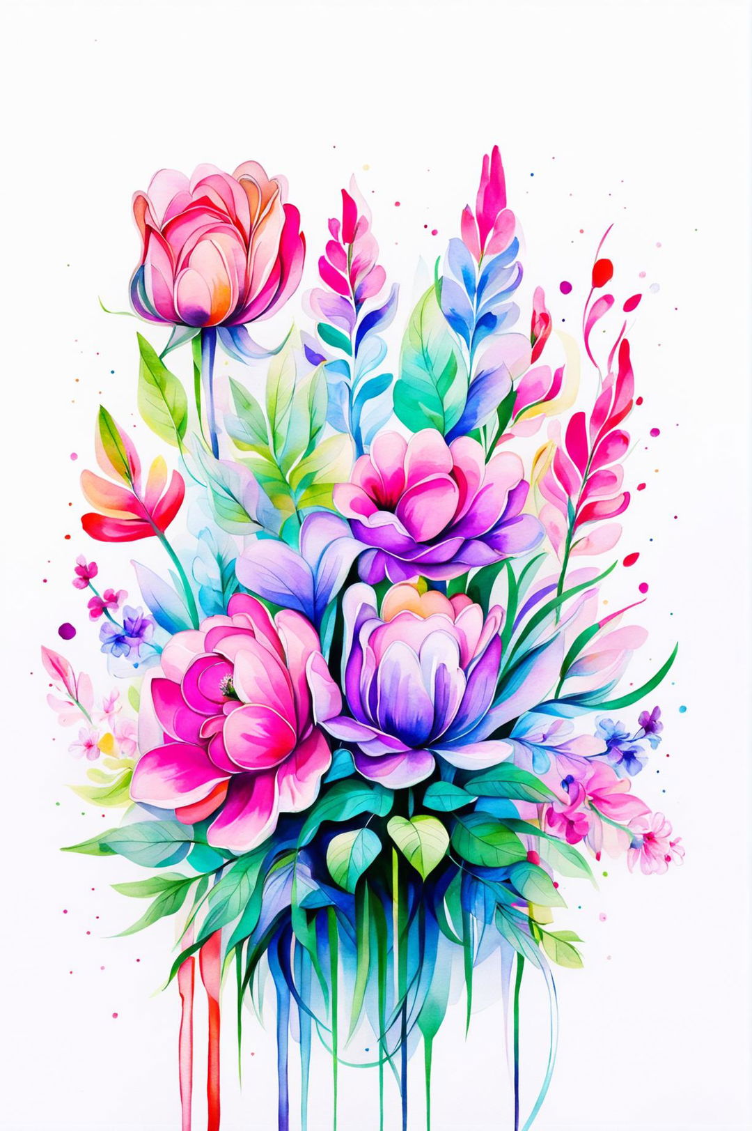 Create a beautiful floral watercolor painting featuring a variety of flowers like roses, tulips, daisies, and lilies