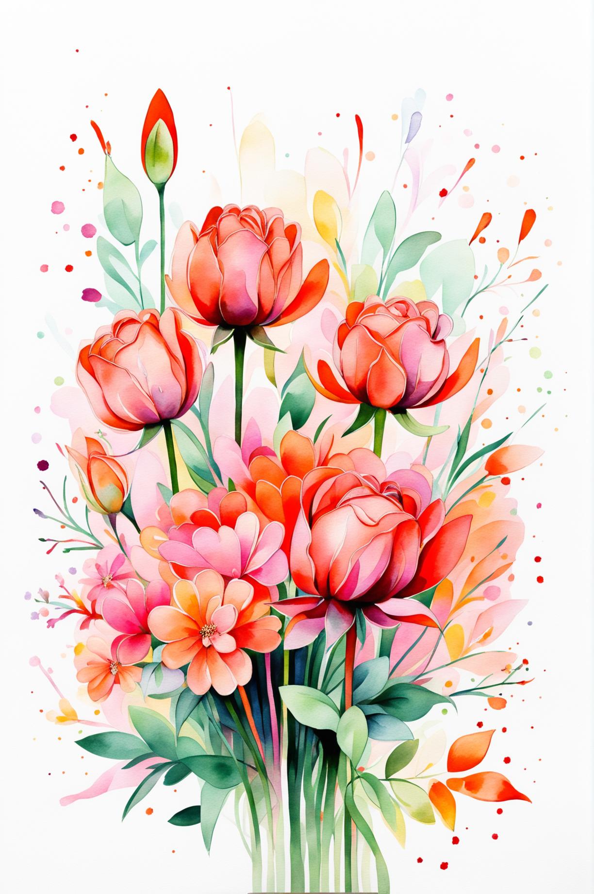 Create a beautiful floral watercolor painting with a strong orange vibe, featuring a variety of flowers like roses, tulips, daisies, and lilies