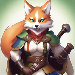 A female Kitsune bard with orange, white, and red fur and blue eyes