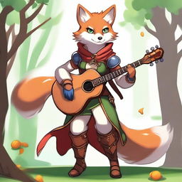 A female Kitsune bard with orange, white, and red fur and blue eyes