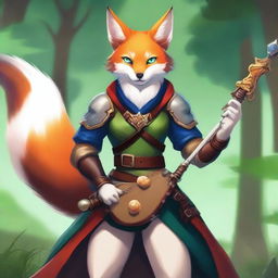 A female Kitsune bard with orange, white, and red fur and blue eyes