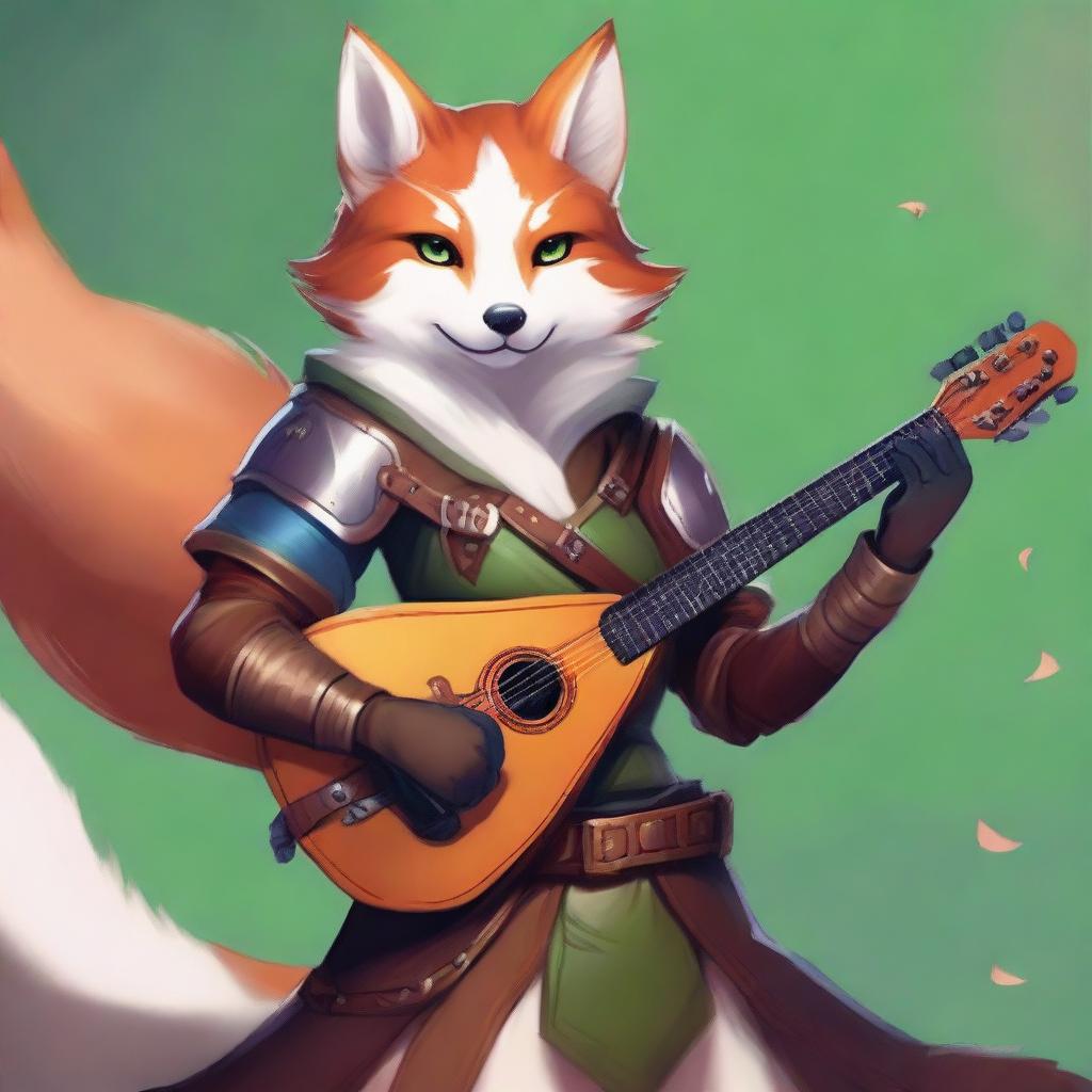 A female Kitsune bard with orange, white, and red fur and blue eyes