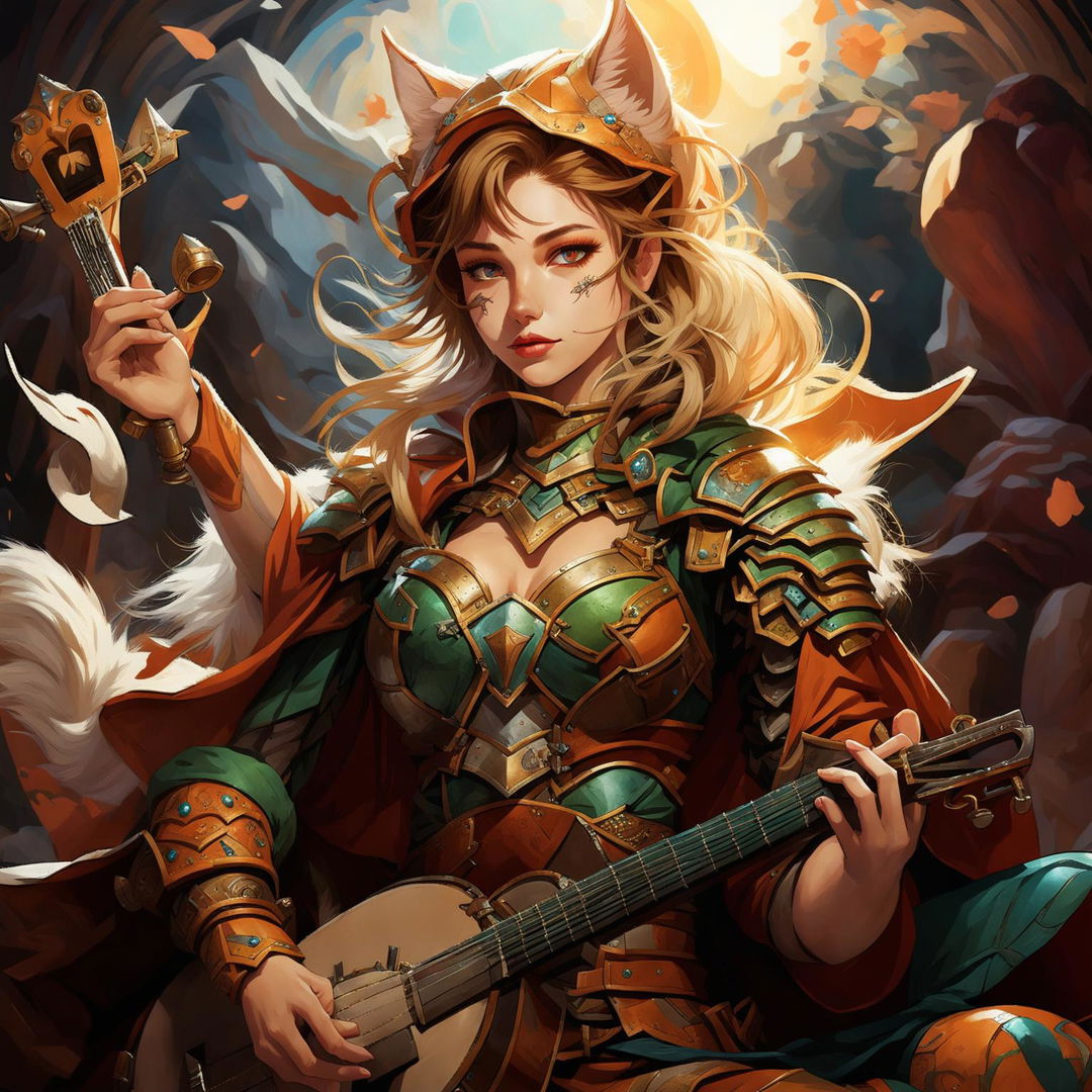 A female Kitsune bard with orange, white, and red fur, blue eyes, and human-like facial features