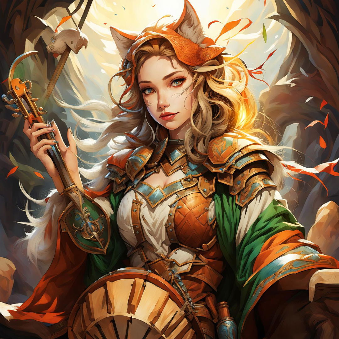 A female Kitsune bard with orange, white, and red fur, blue eyes, and human-like facial features