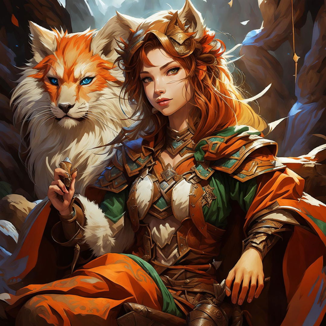 A female Kitsune bard with orange, white, and red fur, blue eyes, and human-like facial features