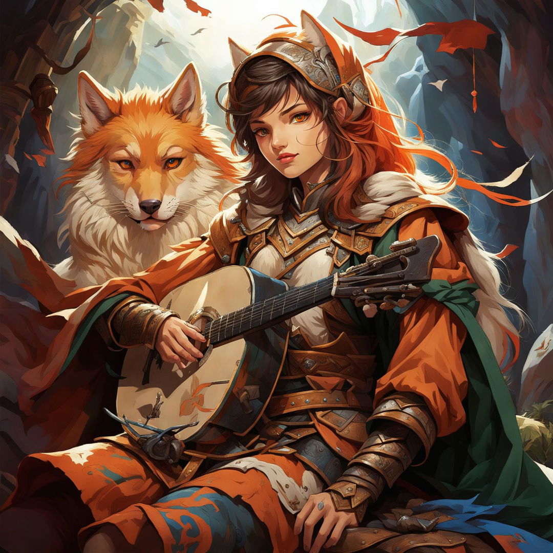 A female Kitsune bard with orange, white, and red fur, blue eyes, and human-like facial features