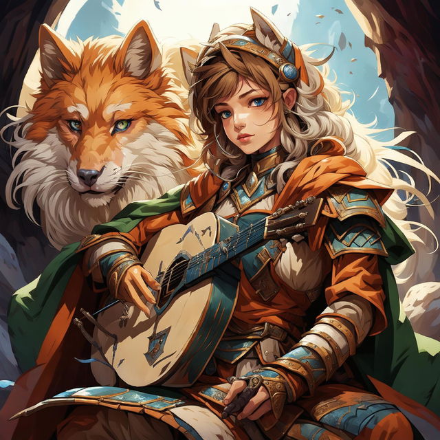 A female Kitsune bard with orange, white, and red fur, blue eyes, and human-like facial features