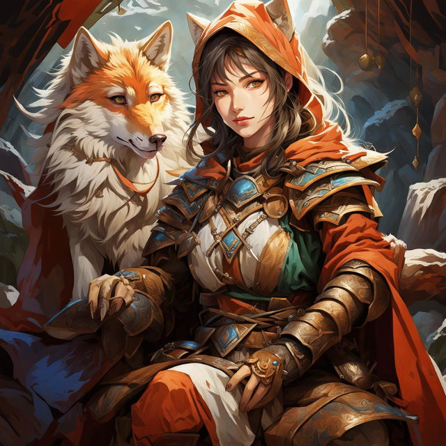 A female Kitsune bard with orange, white, and red fur, blue eyes, and human-like facial features