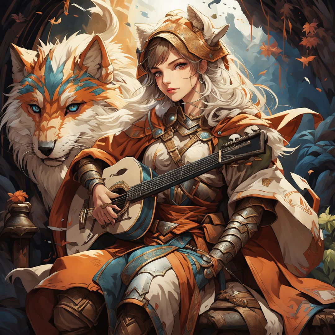 A female Kitsune bard with orange, white, and red fur, blue eyes, and human-like facial features