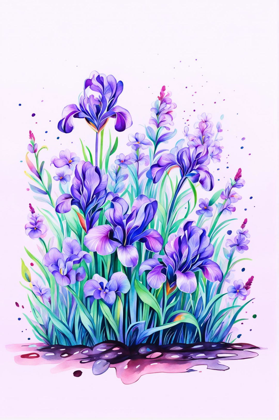 Create a beautiful floral watercolor painting with a strong purple vibe, featuring a variety of purple flowers like lavender, irises, and violets