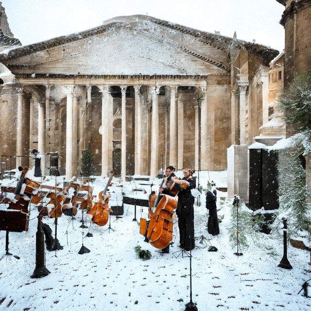 An orchestra playing in the snow at the Pantheon in Rome. The music fills the air as snowflakes fall gently on the musicians and their instruments.