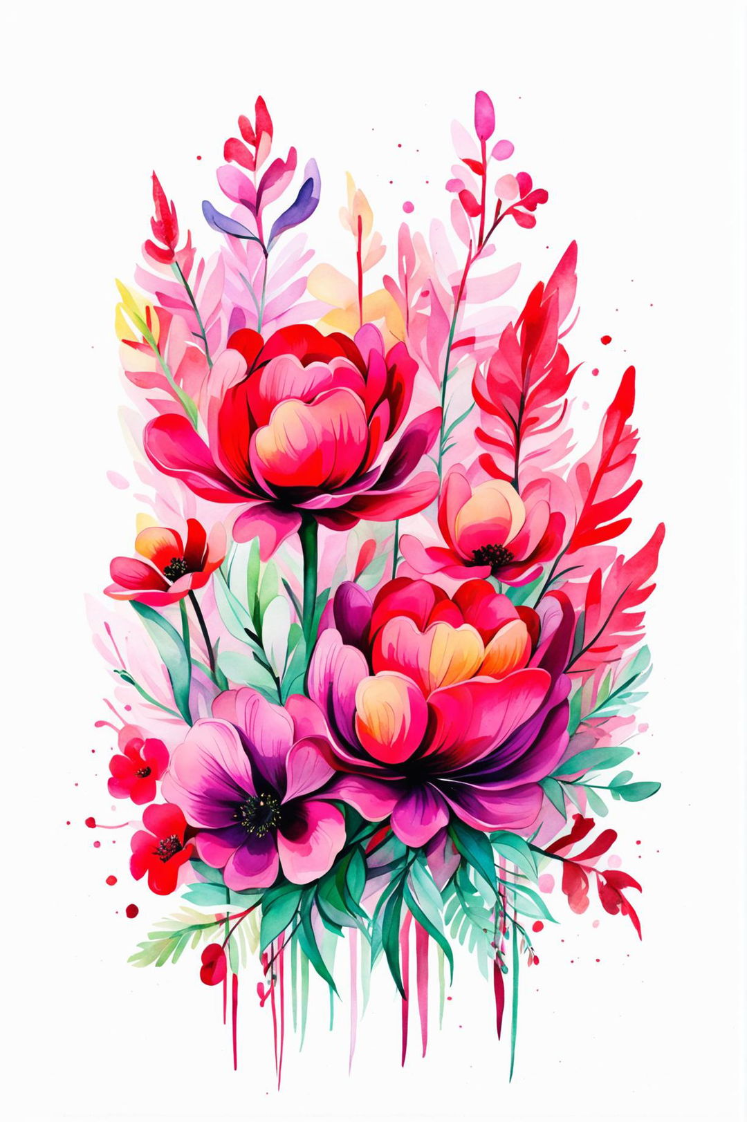 Create a beautiful floral watercolor painting with a strong red vibe, featuring a variety of red flowers like roses, poppies, and tulips