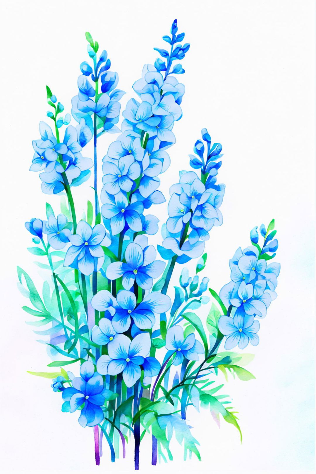 Create a beautiful floral watercolor painting with a strong blue vibe, featuring a variety of blue flowers like bluebells and hydrangeas