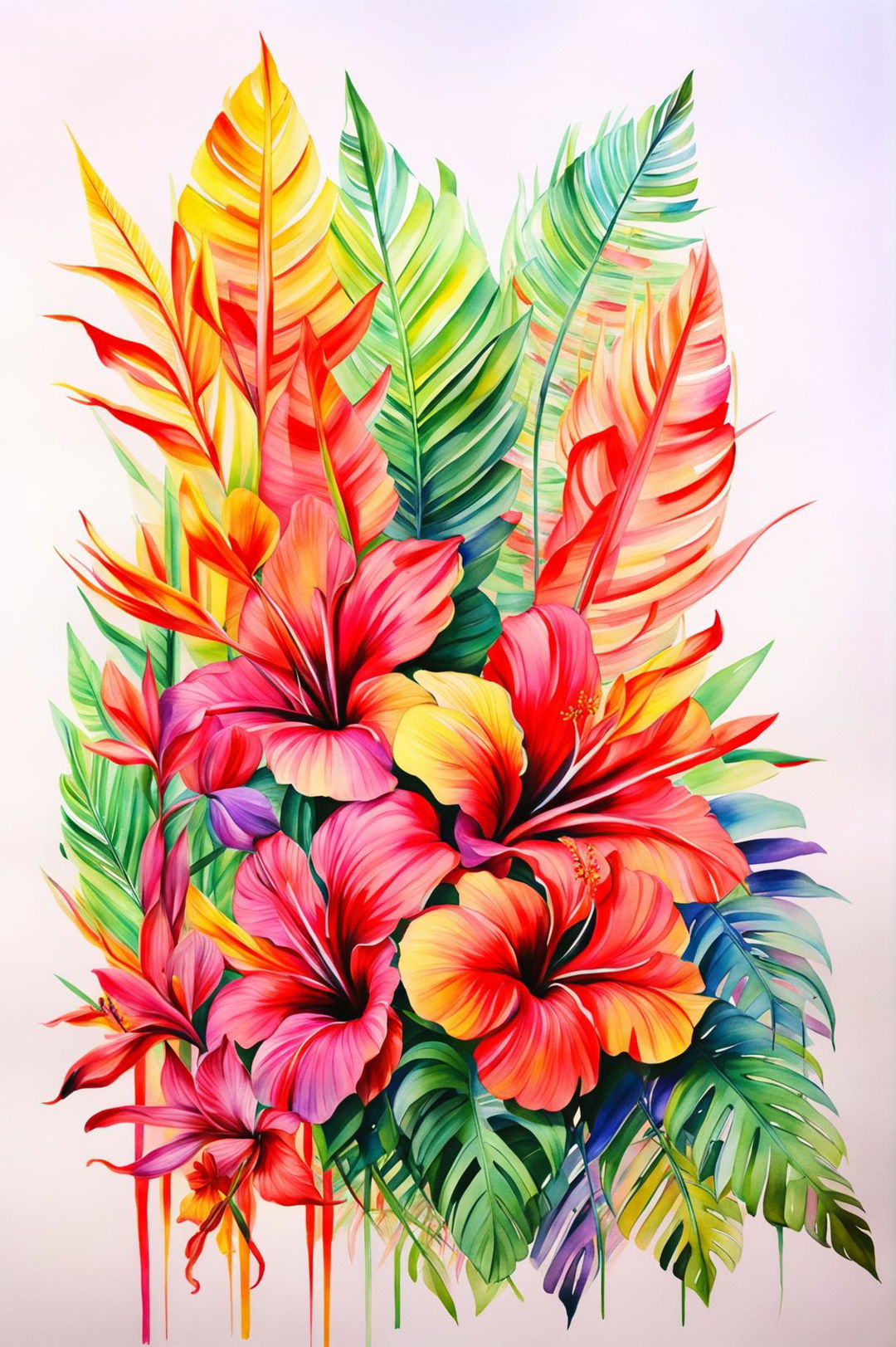 Create a beautiful floral watercolor painting with a tropical vibe, featuring a variety of tropical flowers like hibiscus, bird of paradise, and orchids