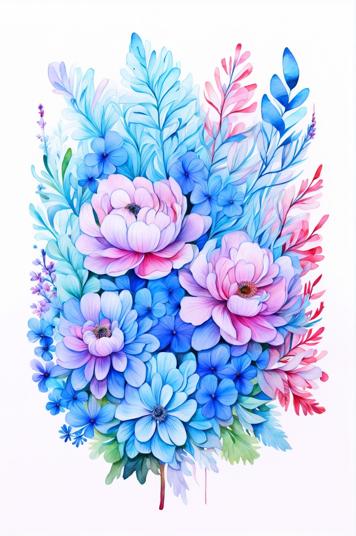 Create a beautiful floral watercolor painting with a pink and blue vibe, featuring flowers like peonies, hydrangeas, and anemones