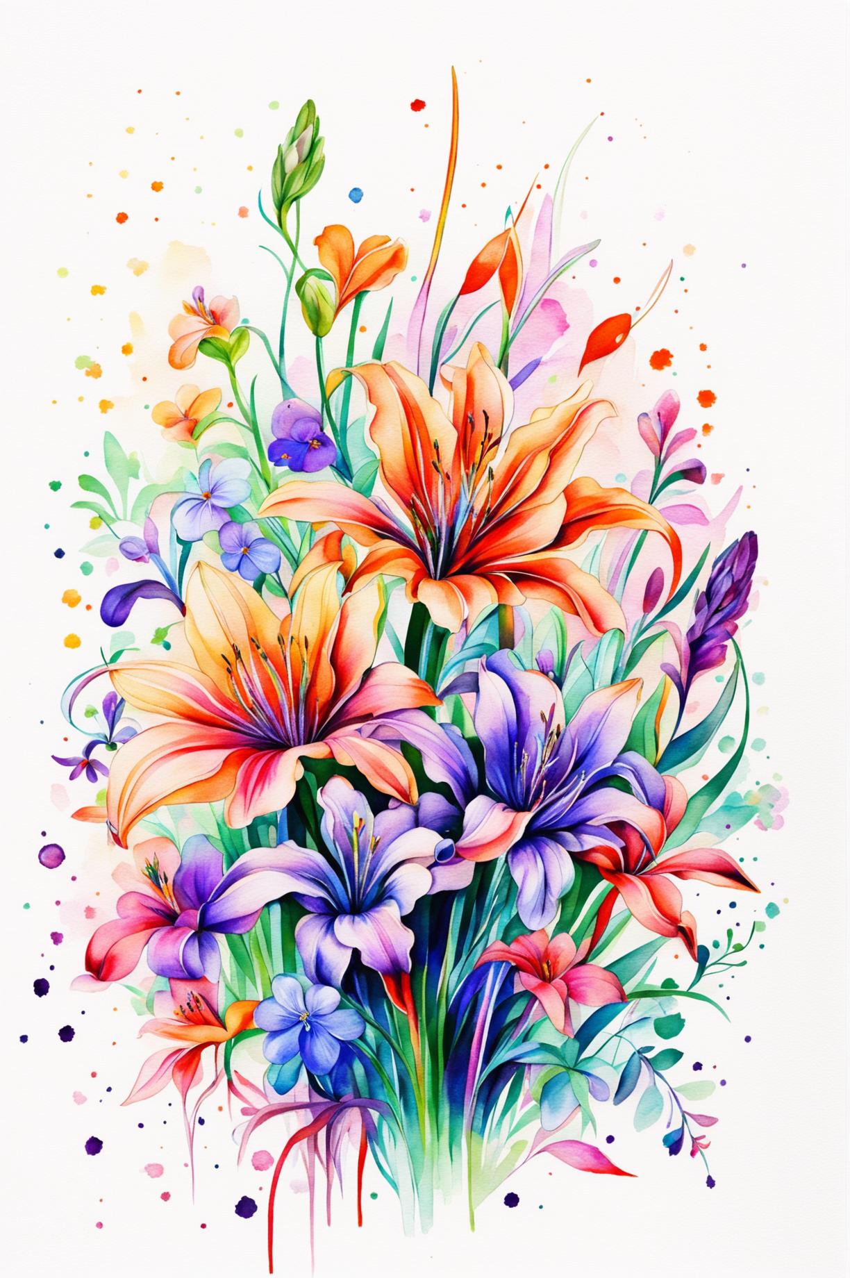 Create a beautiful floral watercolor painting with an orange and purple vibe, featuring flowers like marigolds, lilies, irises, and violets