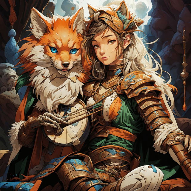 A female Kitsune bard with orange, white, and red fur, blue eyes, and human-like facial features