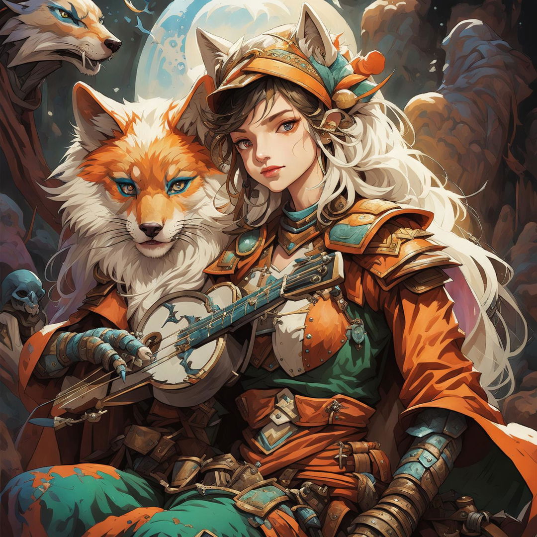 A female Kitsune bard with orange, white, and red fur, blue eyes, and human-like facial features