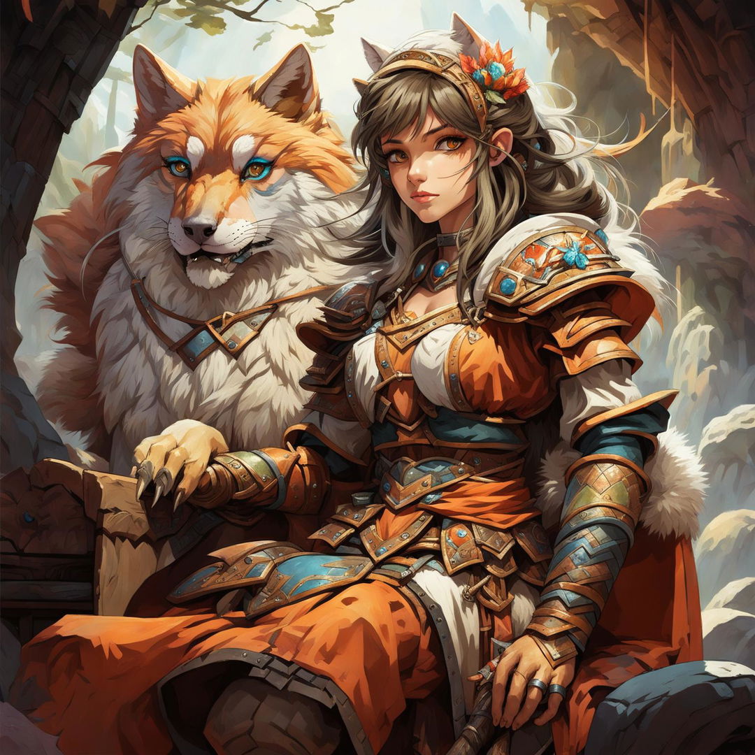 A female Kitsune bard with orange, white, and red fur, blue eyes, and human-like facial features