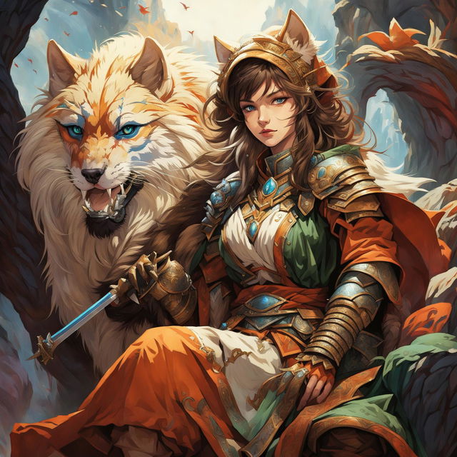 A female Kitsune bard with orange, white, and red fur, blue eyes, and human-like facial features