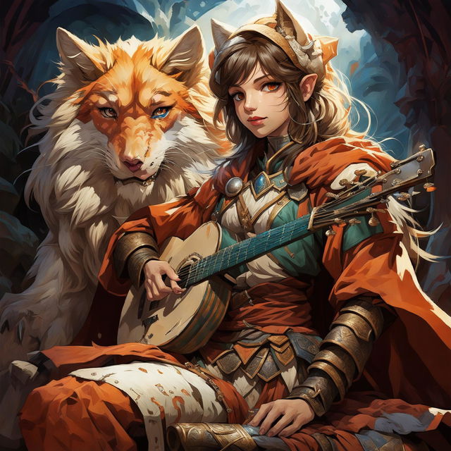 A female Kitsune bard with orange, white, and red fur, blue eyes, and human-like facial features