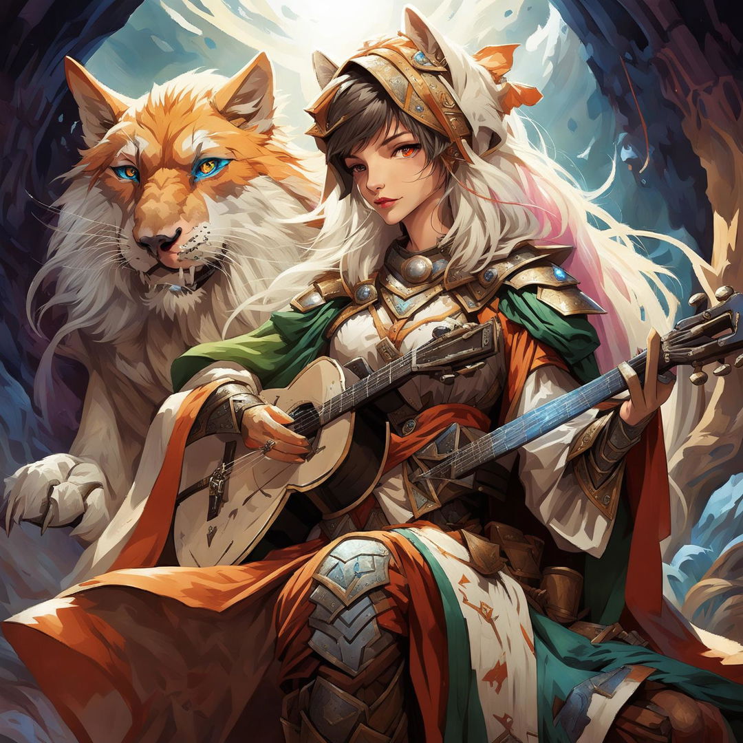 A female Kitsune bard with orange, white, and red fur, blue eyes, and human-like facial features