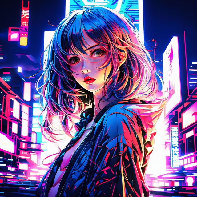 A stunning, beautiful anime girl with a nervous expression in a neon-lit Tokyo cityscape