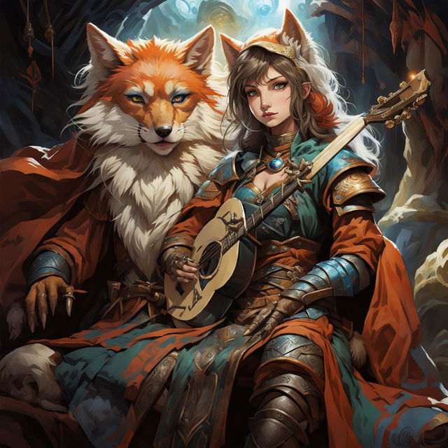 A female Kitsune bard with orange, white, and red fur, blue eyes, and human-like facial features