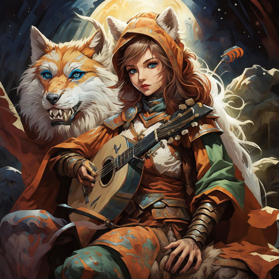 A female Kitsune bard with orange, white, and red fur, blue eyes, and human-like facial features