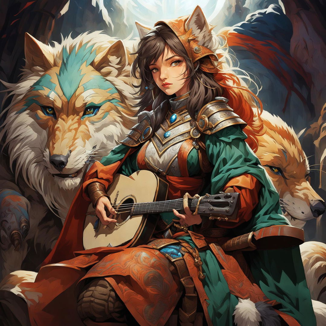 A female Kitsune bard with orange, white, and red fur, blue eyes, and human-like facial features