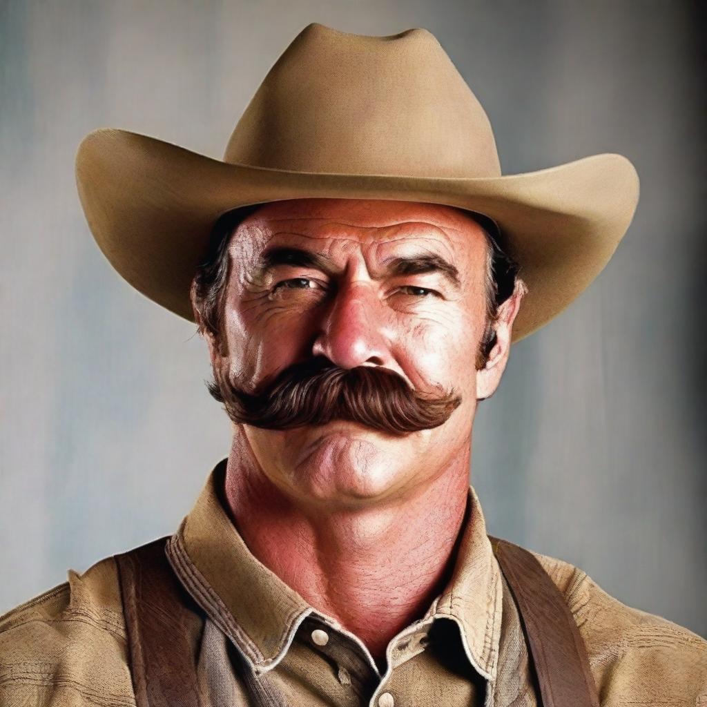 Generate an image of a profile picture featuring a man wearing a cowboy hat and sporting a fat moustache