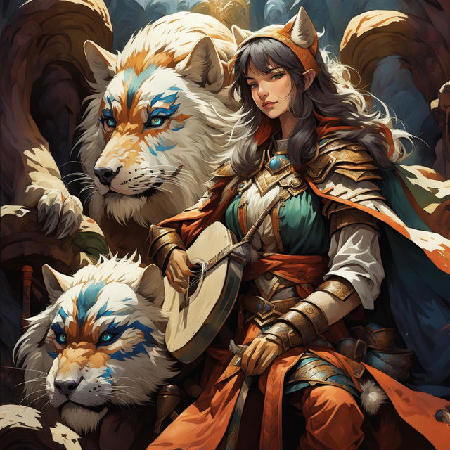 A female Kitsune bard with orange, white, and red fur, blue eyes, and human-like facial features