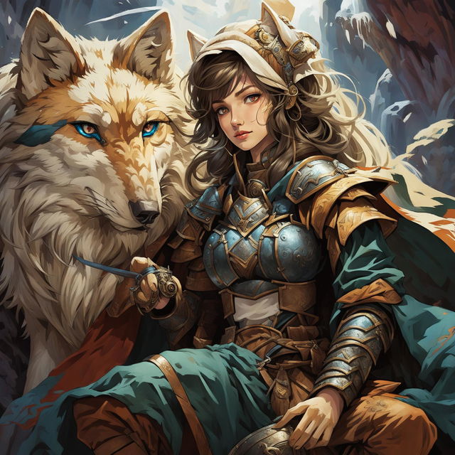 A female Kitsune bard with blue eyes, human-like facial features, and green and brown leather armor