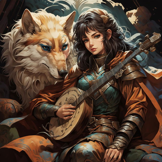 A female Kitsune bard with blue eyes, human-like facial features, and green and brown leather armor playing a lute