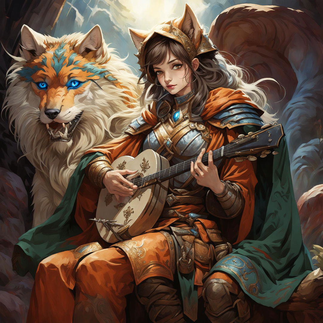 A female Kitsune bard with orange, red, and white fur, blue eyes, human-like facial features, and green and brown leather armor playing a lute