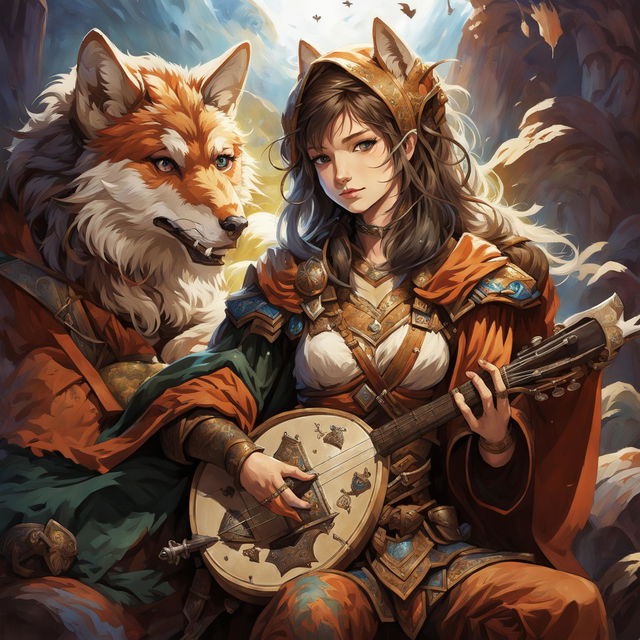 A female Kitsune bard with blue eyes, human-like facial features, Kitsune ears, and a tail with orange, red, and white fur playing a lute