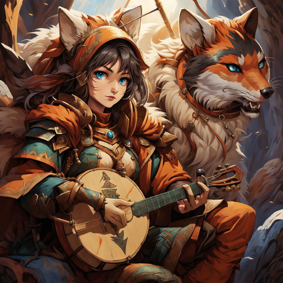 A female Kitsune bard with green and brown leather armor, blue eyes, no human ears, and an orange, red, and white fur tail playing a lute