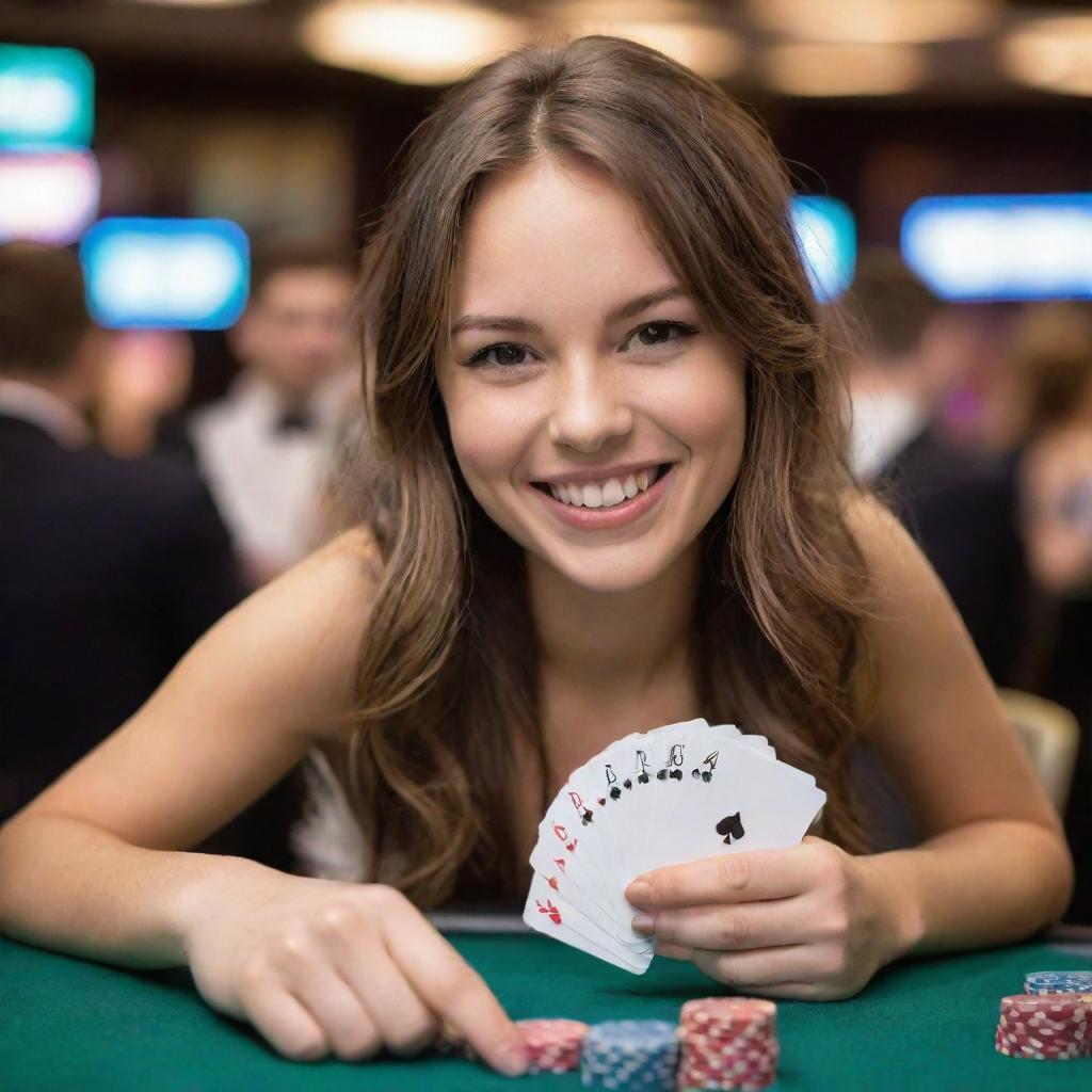 A young woman holding a hand of playing cards in one hand and a bunch of casino chips in the other hand, demonstrating a confident smile on her face. Background showing a bustling casino atmosphere.