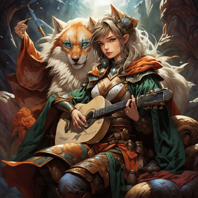 A female Kitsune bard with orange, red, and white fur, blue eyes, and some human characteristics