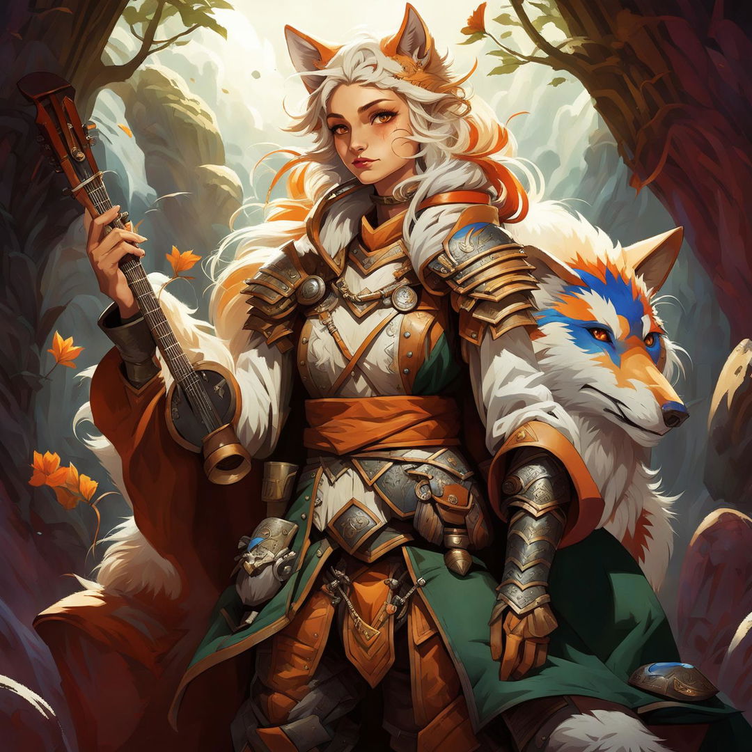 A female Kitsune bard with some human characteristics, no human ears, and orange, red, and white fur