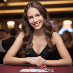 A young woman holding a hand of playing cards in one hand and a bunch of casino chips in the other hand, demonstrating a confident smile on her face. Background showing a bustling casino atmosphere.