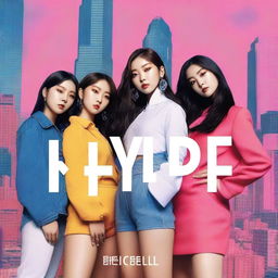 A realistic album cover art for a Korean girl group called Hype:Gen with 5 members: Isabelle, Jihye, Vanessa, Grace, and Hanni