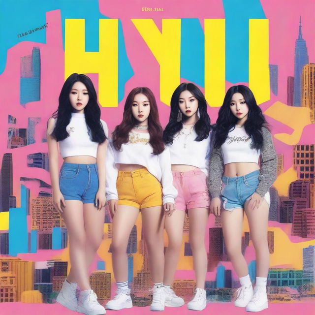 A realistic album cover art for a Korean girl group called Hype:Gen with 5 members: Isabelle, Jihye, Vanessa, Grace, and Hanni